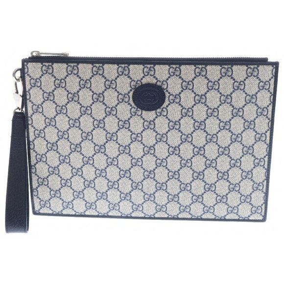 Gucci GG Blue Navy Supreme Beige Clutch Leather Interlocking Bag - Picture 1 of 5